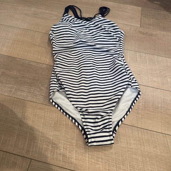 KONA SOL WOMENS MEDIUM NWOT NAVY BLUE STRIPE ONE PIECE SWIM SUIT - Picture 2 of 7